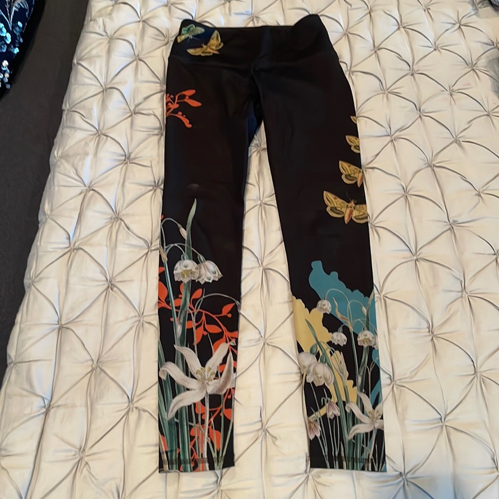 Noli Black Floral Print Leggings with Orange, Teal & Cream Accents